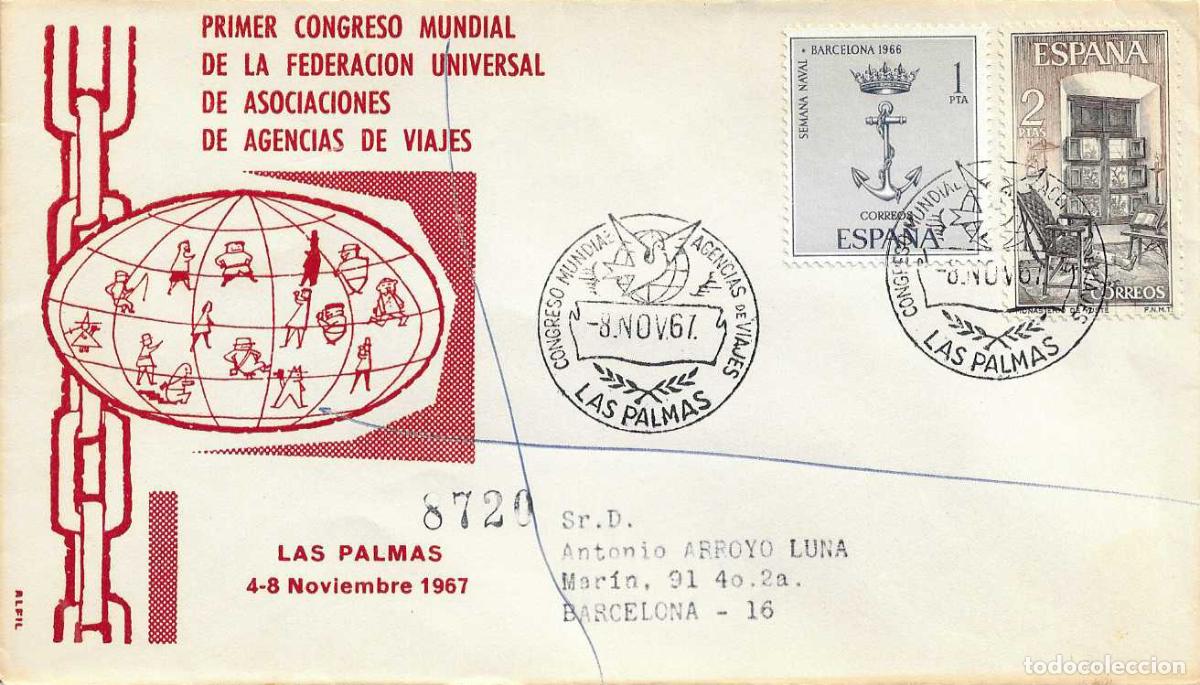 Sellos: TURISMO AGENCIAS DE VIAJES CONGRESO, LAS PALMAS (CANARIAS) 1967 MATASELLOS SOBRE CIRCULADO ALFIL RWR