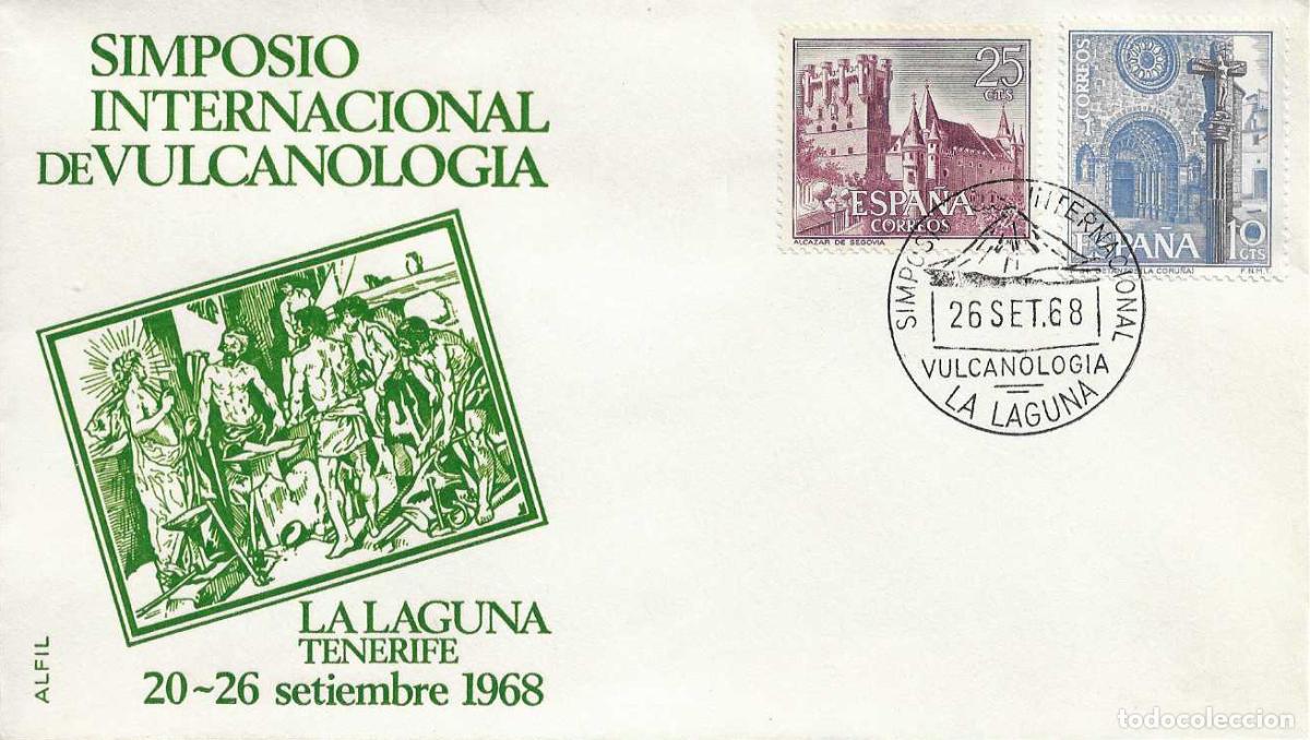 Sellos: SIMPOSIO VULCANOLOGIA LA LAGUNA CANARIAS 1968. MATASELLOS SOBRE SIN CIRCULAR ALFIL PINTURA VELAZQUEZ