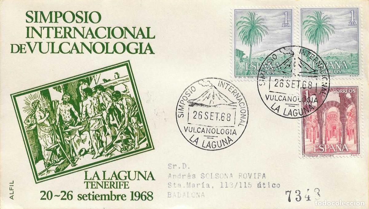 Sellos: SIMPOSIO VULCANOLOGIA LA LAGUNA CANARIAS 1968 MATASELLOS SOBRE CIRCULADO ALFIL PINTURA VELAZQUEZ RWR