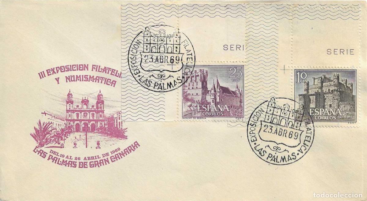 Sellos: III EXPOSICION FILATELICA, LAS PALMAS (CANARIAS) 23 ABRIL 1969. MATASELLOS EN SOBRE VIOLETA RARO ASI