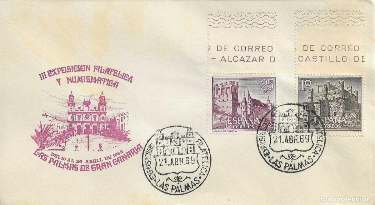 Sellos: III EXPOSICION FILATELICA, LAS PALMAS (CANARIAS) 21 ABRIL 1969. MATASELLOS EN SOBRE VIOLETA RARO ASI