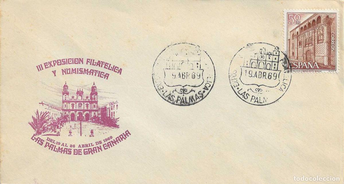Sellos: III EXPOSICION FILATELICA, LAS PALMAS (CANARIAS) 19 ABRIL 1969. MATASELLOS EN SOBRE VIOLETA RARO RWR