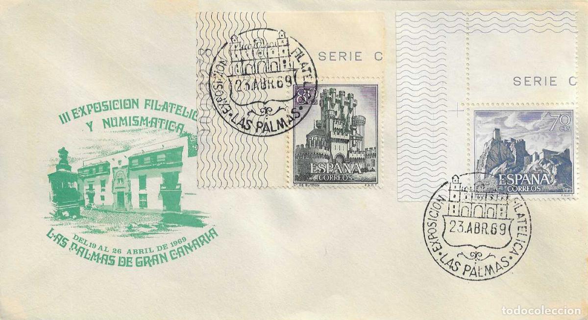 Sellos: III EXPOSICION FILATELICA, LAS PALMAS (CANARIAS) 23 ABRIL 1969. MATASELLOS EN SOBRE VERDE RARO ASI