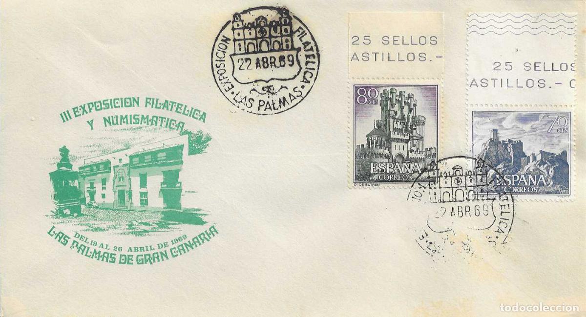 Sellos: III EXPOSICION FILATELICA, LAS PALMAS (CANARIAS) 22 ABRIL 1969. MATASELLOS EN SOBRE VERDE RARO ASI