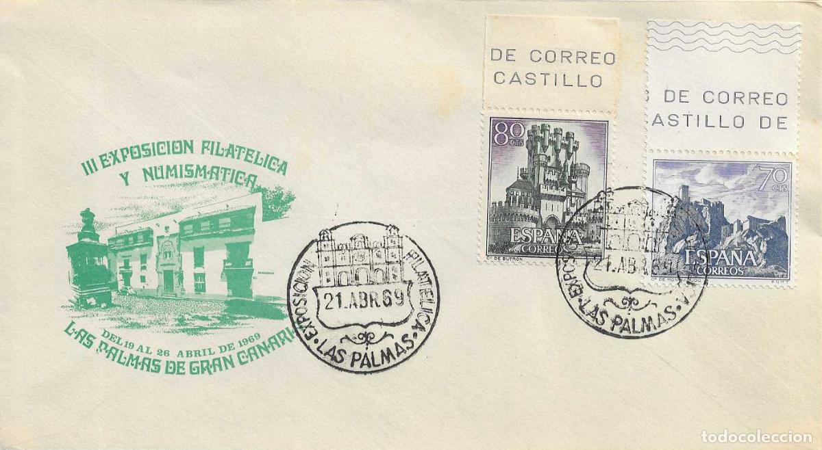 Sellos: III EXPOSICION FILATELICA, LAS PALMAS (CANARIAS) 21 ABRIL 1969. MATASELLOS EN SOBRE VERDE RARO ASI