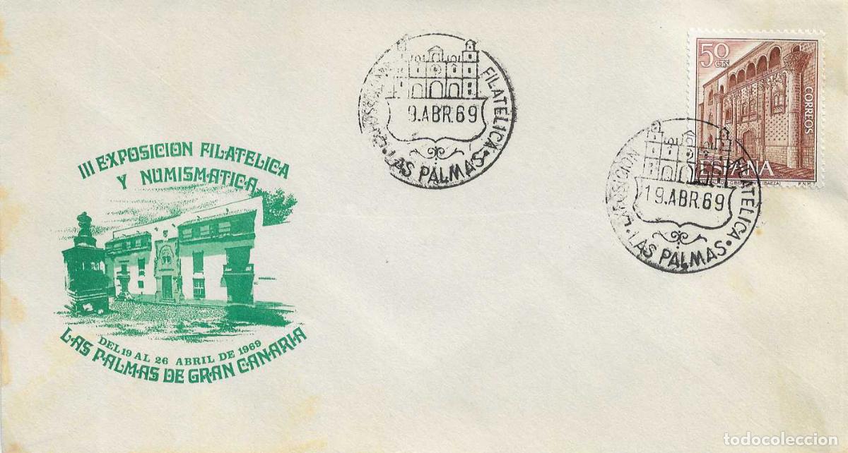 Sellos: III EXPOSICION FILATELICA, LAS PALMAS (CANARIAS) 19 ABRIL 1969. MATASELLOS EN SOBRE VERDE RARO RWR