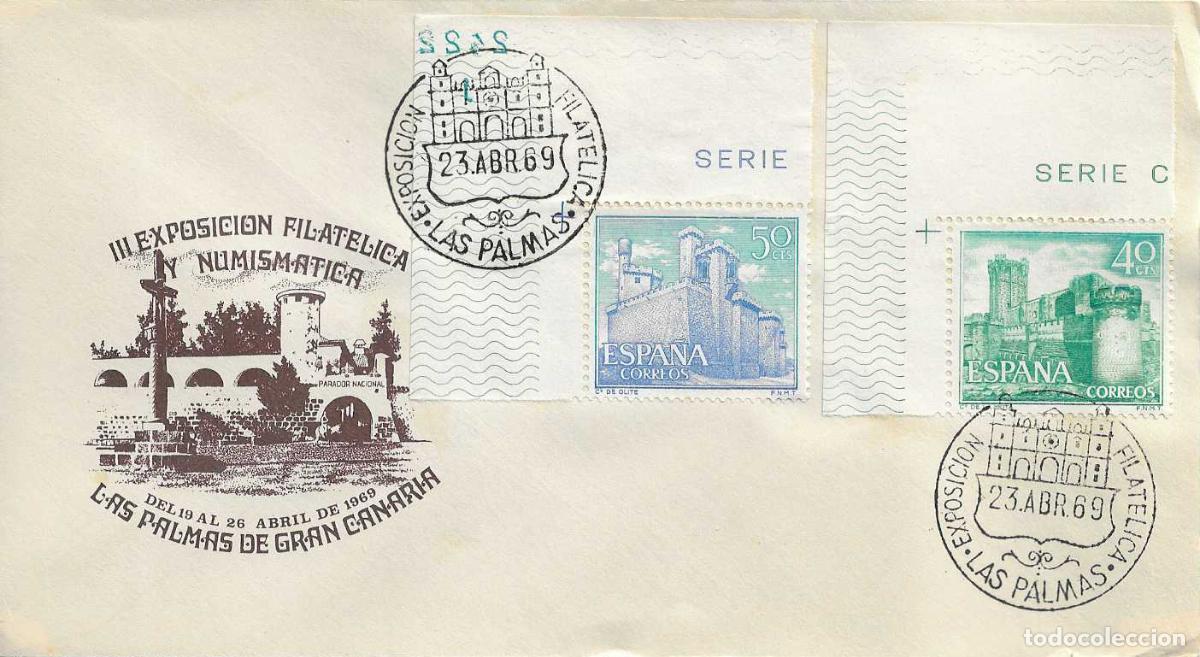 Sellos: III EXPOSICION FILATELICA, LAS PALMAS (CANARIAS) 23 ABRIL 1969. MATASELLOS EN SOBRE MARRON RARO ASI