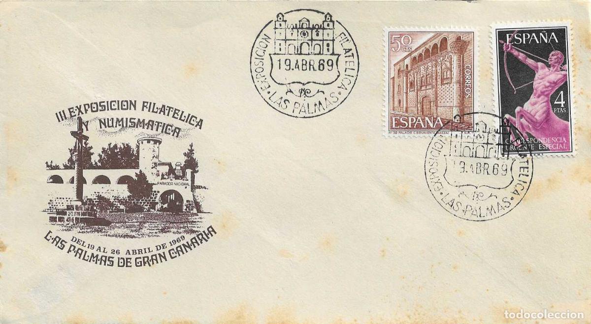 Sellos: III EXPOSICION FILATELICA, LAS PALMAS (CANARIAS) 19 ABRIL 1969. MATASELLOS EN SOBRE MARRON RARO RWR