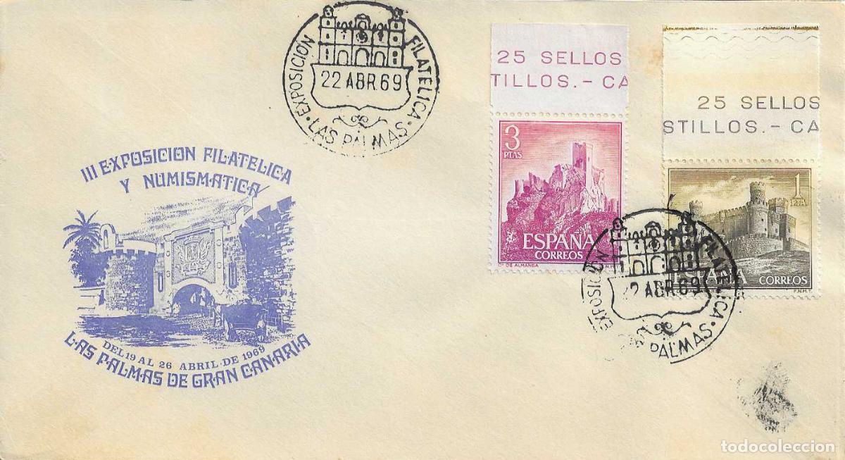 Sellos: III EXPOSICION FILATELICA, LAS PALMAS (CANARIAS) 22 ABRIL 1969. MATASELLOS EN SOBRE AZUL RARO ASI