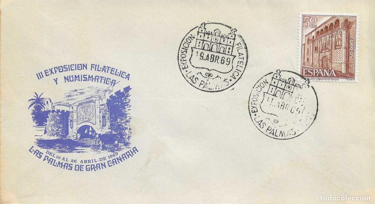 Sellos: III EXPOSICION FILATELICA, LAS PALMAS (CANARIAS) 19 ABRIL 1969. MATASELLOS EN SOBRE AZUL RARO RWR