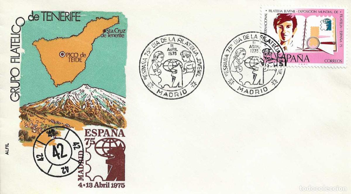 Sellos: TENERIFE (CANARIAS) EN LA EXPOSICION ESPA&Ntilde;A 75 RARO SOBRE DE ALFIL MATASELLOS MADRID 11 ABRIL 1975