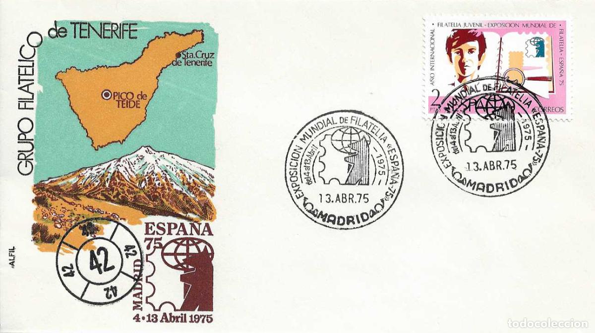 Sellos: TENERIFE (CANARIAS) EN LA EXPOSICION ESPA&Ntilde;A 75 RARO SOBRE DE ALFIL MATASELLOS MADRID 13 ABRIL 1975