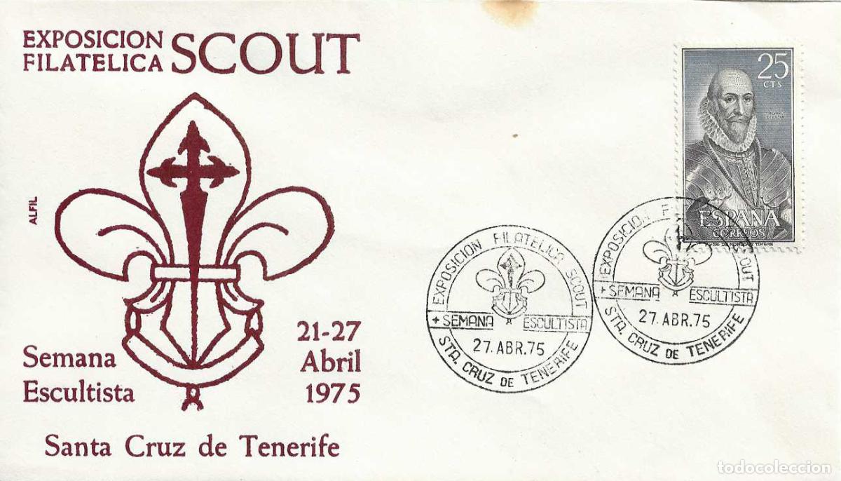 Sellos: SCOUTS SCOUT SEMANA ESCULTISTA, SANTA CRUZ DE TENERIFE (CANARIAS) 27 ABRIL 1975. RARO MATASELLOS EN