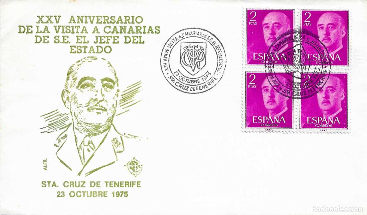 Sellos: FRANCO CAUDILLO DE ESPA&Ntilde;A VISITA A CANARIAS XXV ANIVERSARIO SANTA CRUZ TENERIFE 1975 RARO MATASELLOS