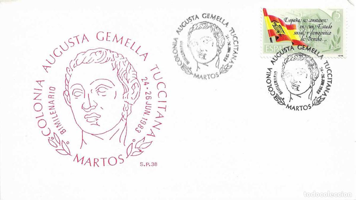 Sellos: COLONIA AUGUSTA GEMELLA TUCCI BIMILENARIO, MARTOS (JAEN) JUNIO 1983 RARO MATASELLOS EN TARJETA DE SP
