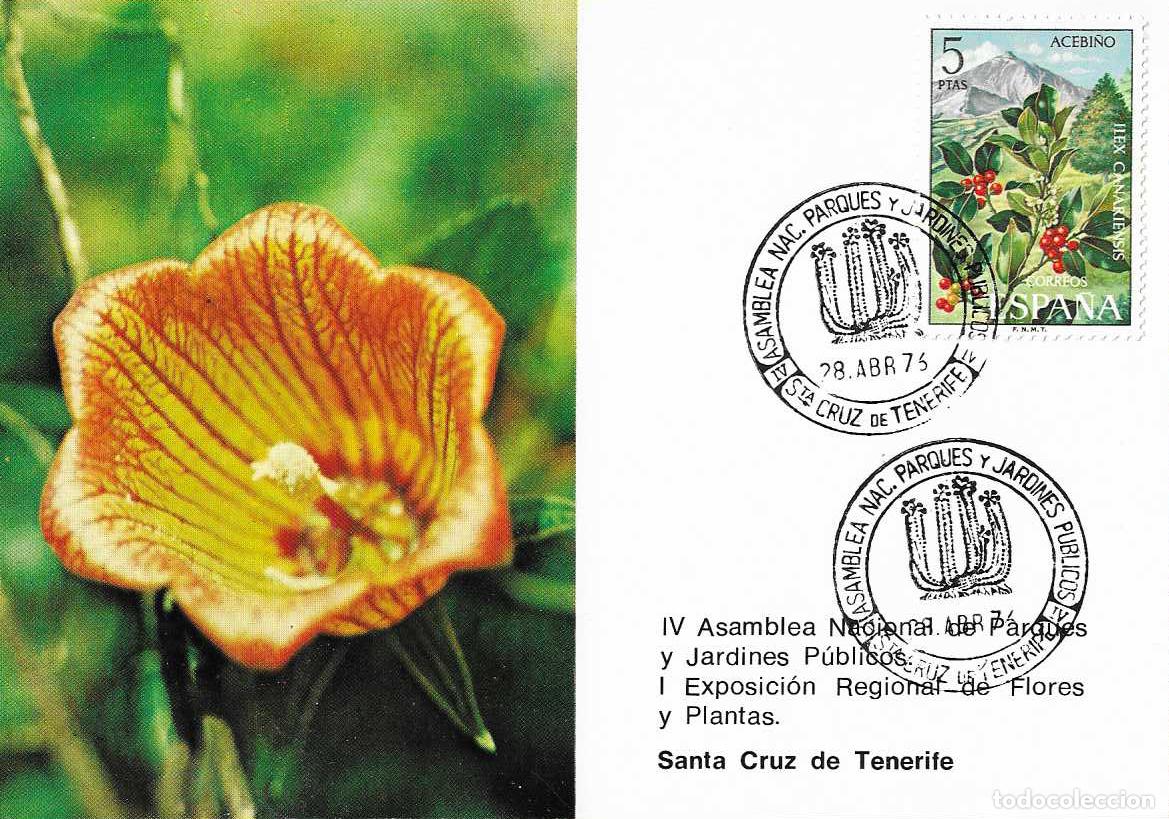 Sellos: BICACARO FLORA ASAMBLEA PARQUES, SANTA CRUZ TENERIFE (CANARIAS) 28 ABRIL 1976 MATASELLOS TARJETA VER
