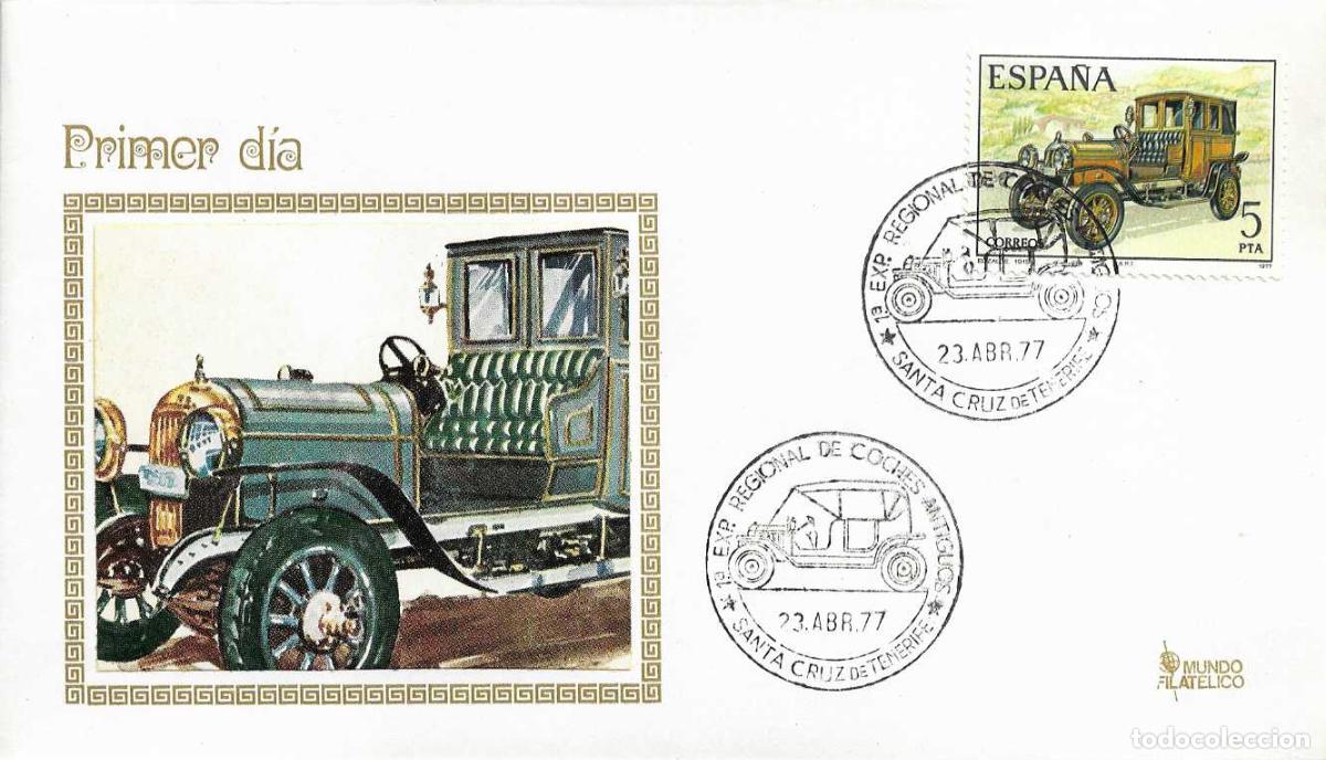 Sellos: AUTOMOVILES COCHES ANTIGUOS EXPOSICION, SANTA CRUZ TENERIFE CANARIAS 1977 MATASELLOS SOBRE MOD 2 RWR