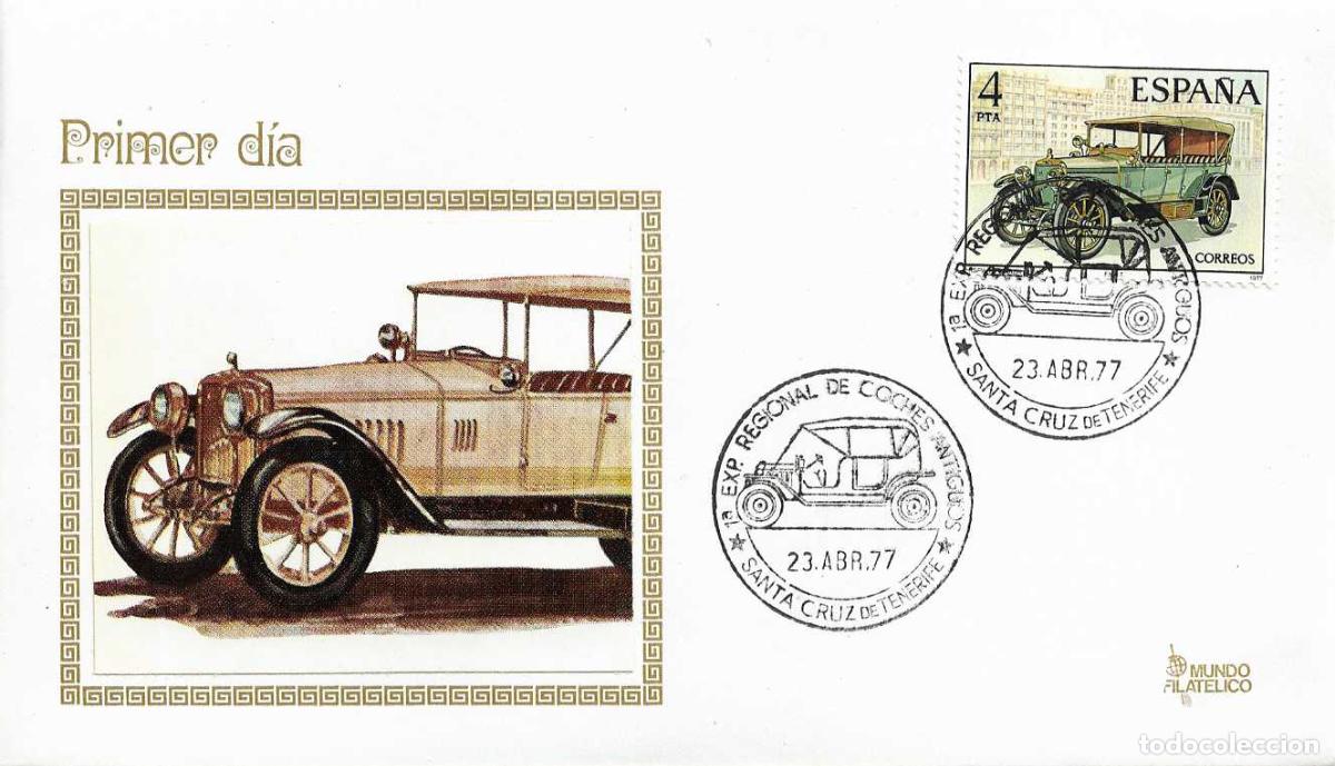 Sellos: AUTOMOVILES COCHES ANTIGUOS EXPOSICION, SANTA CRUZ TENERIFE CANARIAS 1977 MATASELLOS SOBRE MOD 1 RWR