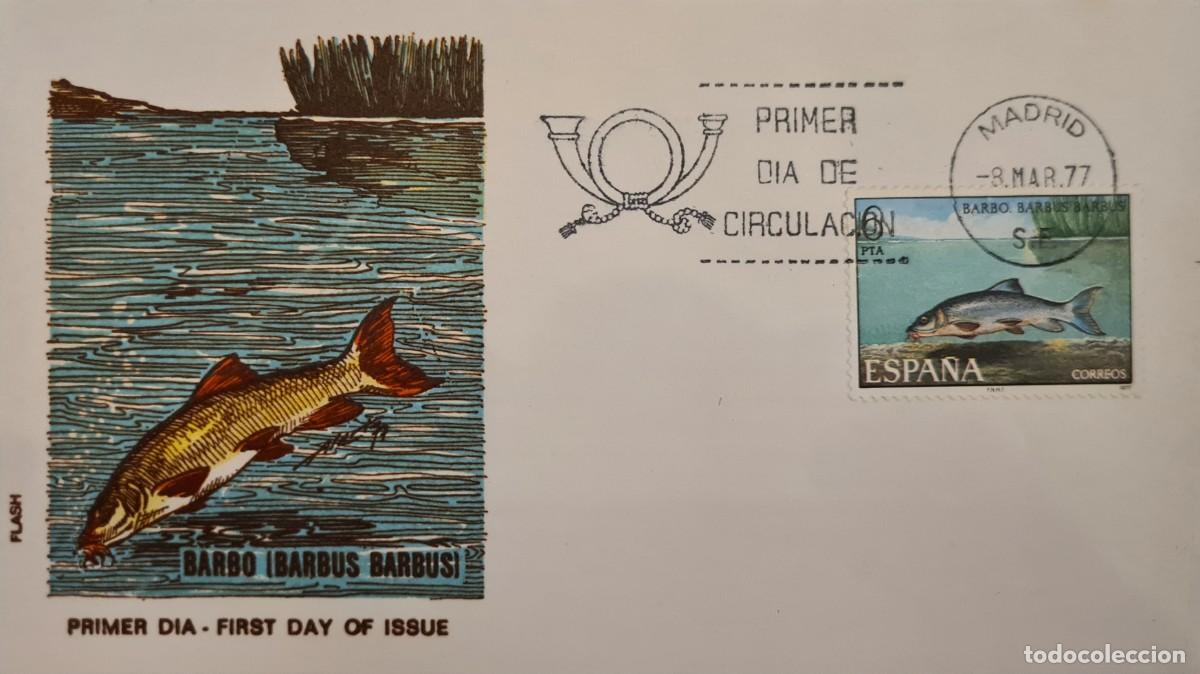 Sellos: Sobre de primer d&iacute;a de Espa&ntilde;a 1977. Peces: barbo