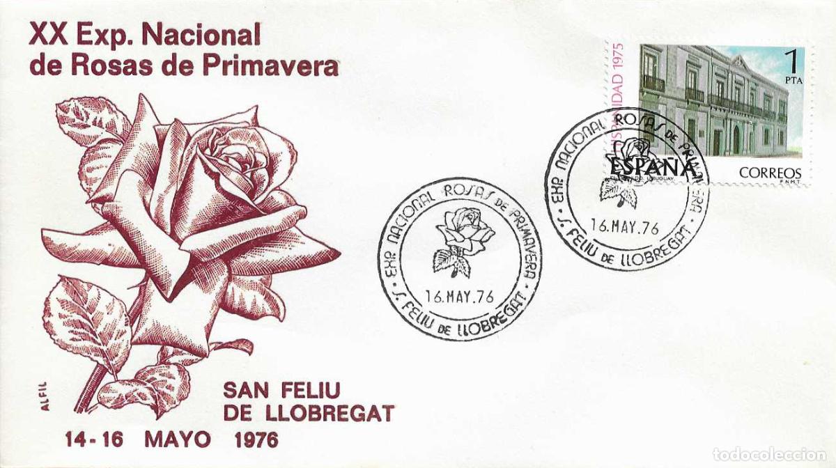 Sellos: ROSAS EXPOSICION NACIONAL, SAN FELIU DE LLOBREGAT (BARCELONA) 1976. RARO MATASELLOS EN SOBRE ALFIL