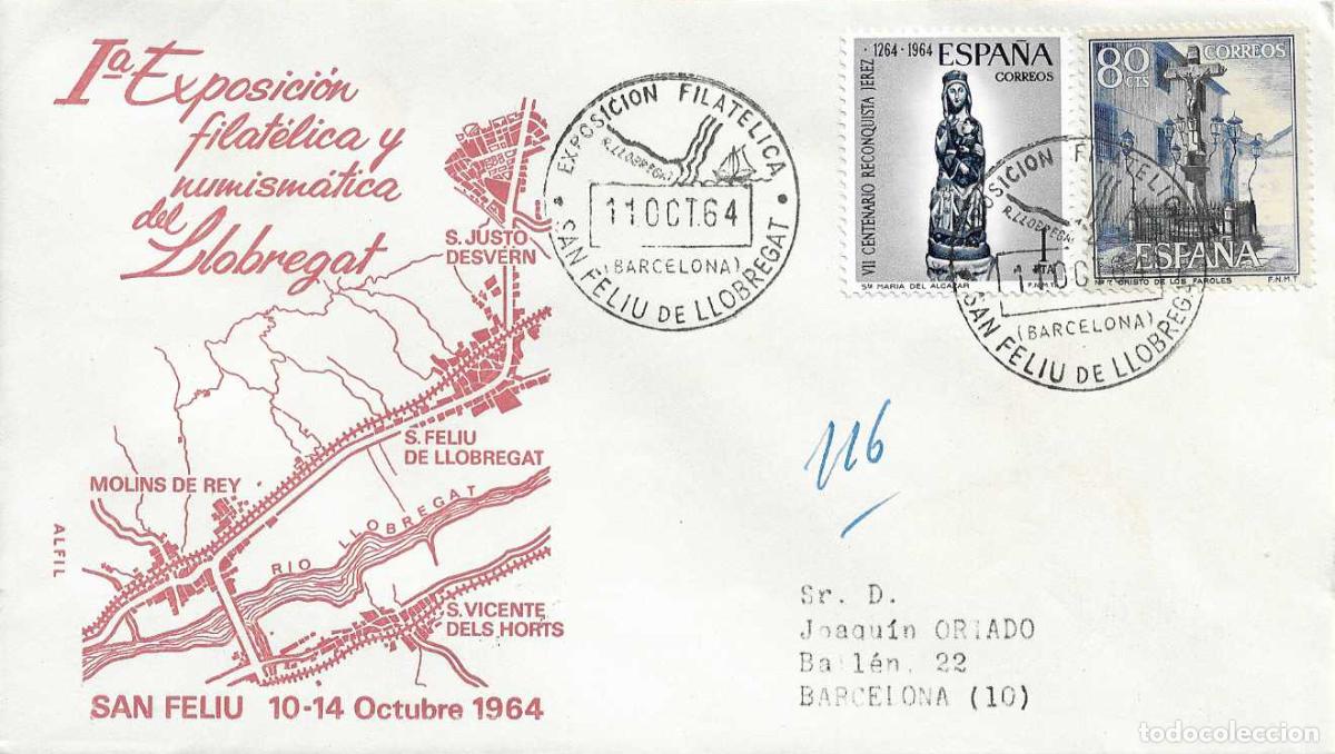 Sellos: 25 A&Ntilde;OS PAZ EXPOSICION BAJO LLOBREGAT SAN FELIU BARCELONA 1964 MATASELLOS SOBRE CIRCULADO ALFIL RARO