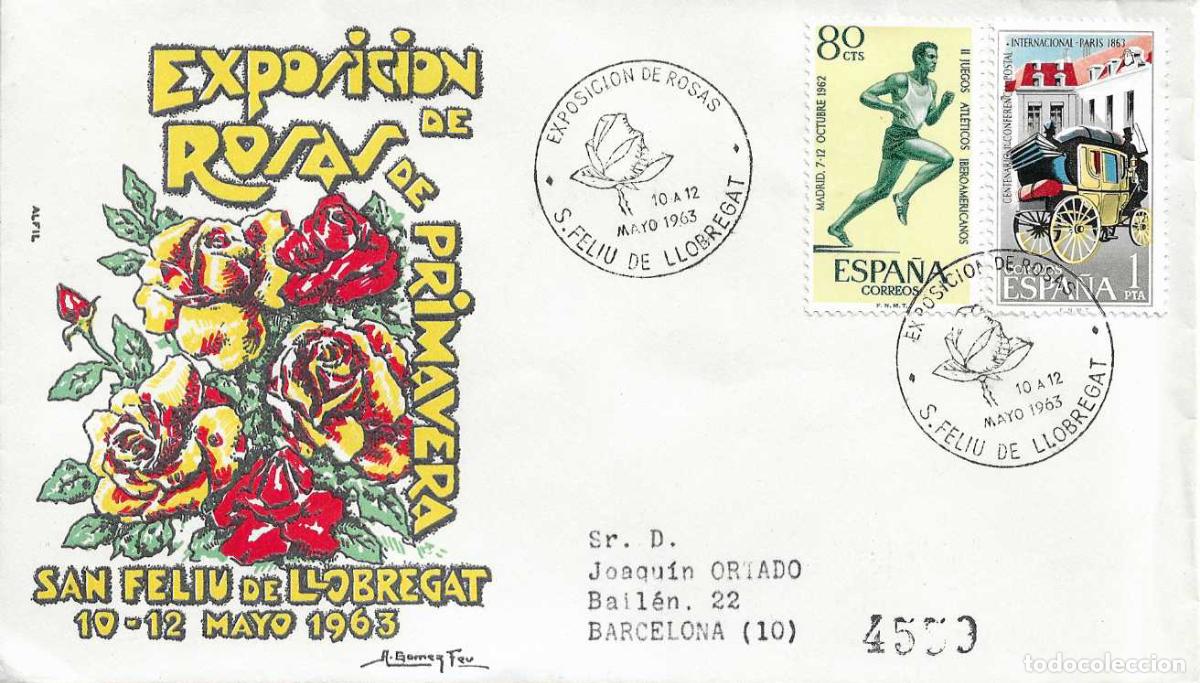 Sellos: ROSAS EXPOSICION NACIONAL, SAN FELIU DE LLOBREGAT (BARCELONA) 1963. MATASELLOS SOBRE CIRCULADO ALFIL