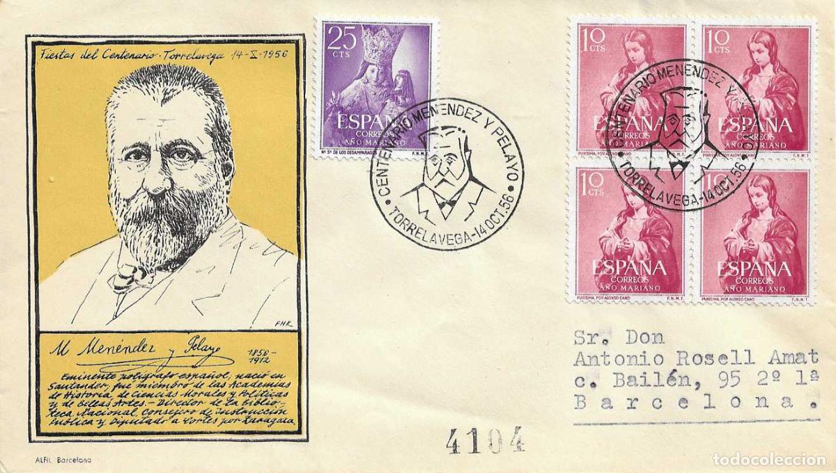 Sellos: MENENDEZ Y PELAYO CENTENARIO, TORRELAVEGA SANTANDER CANTABRIA 1956. MATASELLOS SOBRE CIRCULADO ALFIL