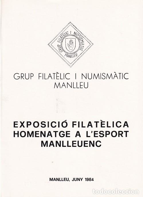 Sellos: D&iacute;ptic Manlleu 1984 - Exposici&oacute; Filat&egrave;lica Homenatge a l' Esport manlleuenc - 1er Matasegells espe..