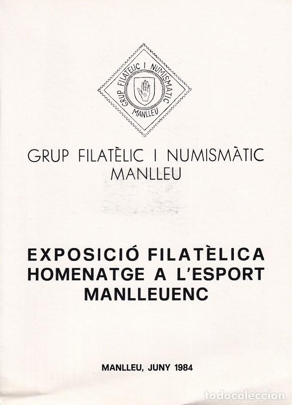 Sellos: D&iacute;ptic Manlleu 1984 - Exposici&oacute; Filat&egrave;lica Homenatge a l' Esport manlleuenc - 1er Matasegells espe..