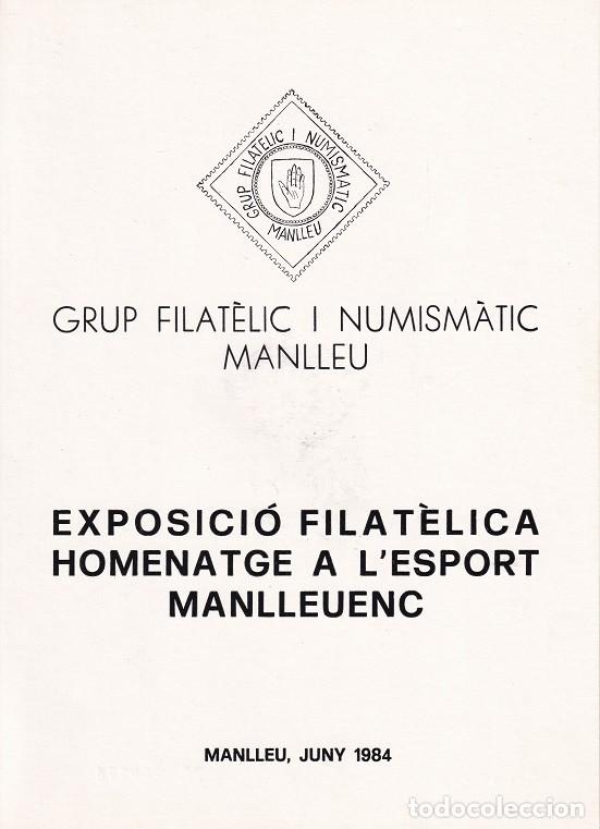 Sellos: D&iacute;ptic Manlleu 1984 - Exposici&oacute; Filat&egrave;lica Homenatge a l' Esport manlleuenc - 1er Matasegells espe..