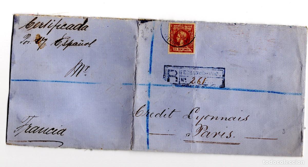 Stamps: Sellos DEPENDENCIAS ESPA&Ntilde;OLAS carta certf. a PAris con franqueo 25 centavos FERNANDO POO lacrada