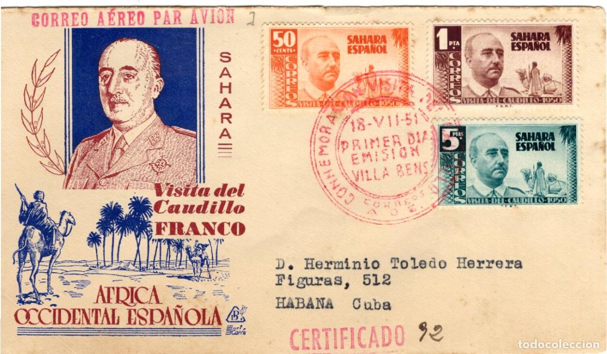 Selos: Sellos DEPENDENCIAS ESPA&Ntilde;OLAS SPD SAHARA a&ntilde;o 1951 circulado y certificado matasello rojo v.c 42