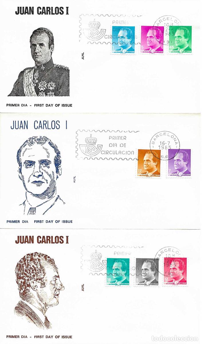Sellos: SM EL REY DE ESPA&Ntilde;A DON JUAN CARLOS I 1985 (EDIFIL 2794/2801) EN TRES SPD ALFIL MATASELLOS BARCELONA