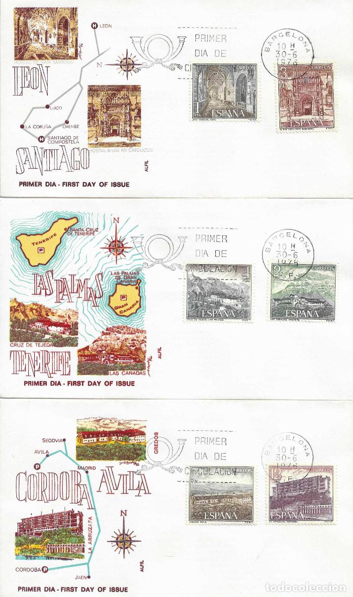 Sellos: SERIE TURISTICA PARADORES NACIONALES 1976 (EDIFIL 2334/39) EN TRES SPD DE ALFIL MATASELLOS BARCELONA