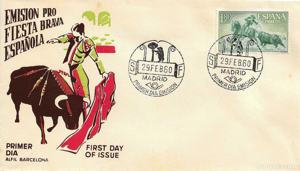 Sellos: TOROS FIESTA NACIONAL TAUROMAQUIA 1960 CORREO AEREO (EDIFIL 1264) SOBRE PRIMER DIA ALFIL MOD 1 RARO
