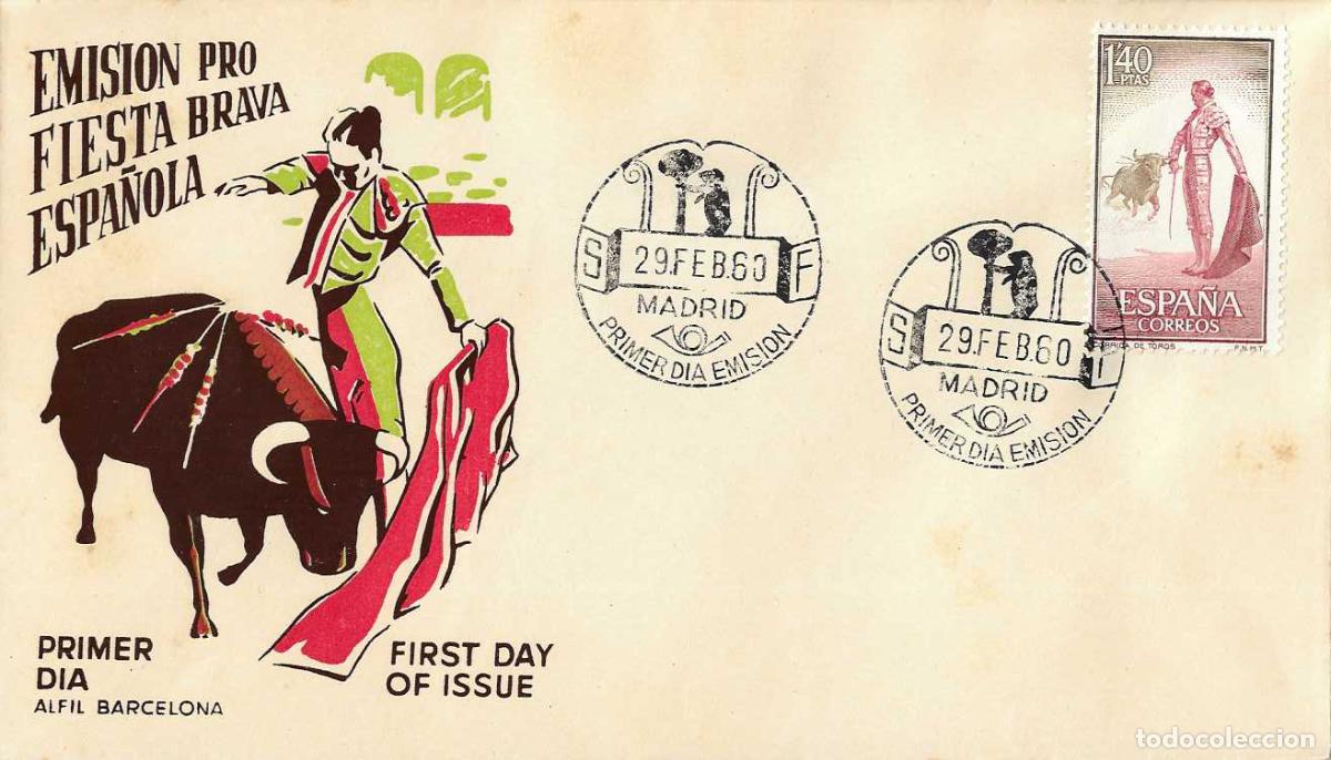 Sellos: TOROS FIESTA NACIONAL TAUROMAQUIA 1960 CORREO AEREO (EDIFIL 1262) SOBRE PRIMER DIA ALFIL MOD 1 RARO