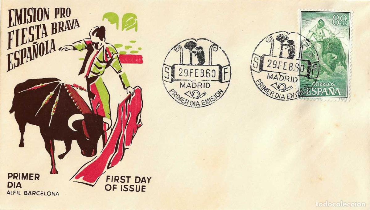 Sellos: TOROS FIESTA NACIONAL TAUROMAQUIA 1960 CORREO AEREO (EDIFIL 1260) SOBRE PRIMER DIA ALFIL MOD 1 RARO