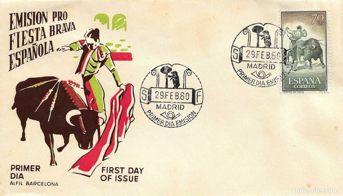 Sellos: TOROS FIESTA NACIONAL TAUROMAQUIA 1960 CORREO AEREO (EDIFIL 1259) SOBRE PRIMER DIA ALFIL MOD 1 RARO