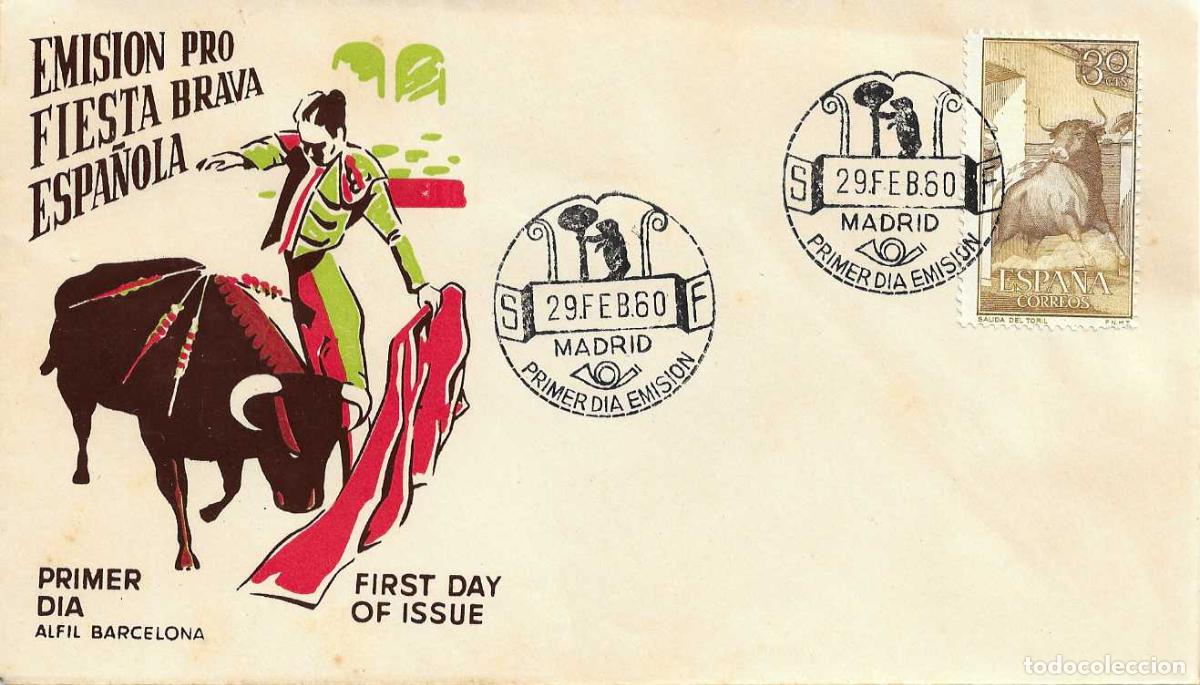 Sellos: TOROS FIESTA NACIONAL TAUROMAQUIA 1960 CORREO AEREO (EDIFIL 1257) SOBRE PRIMER DIA ALFIL MOD 1 RARO