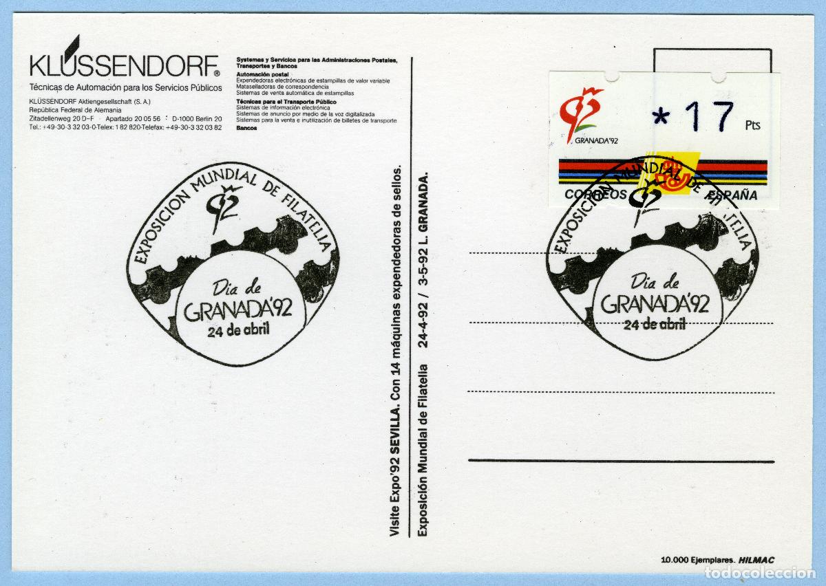Sellos: ESPA&Ntilde;A 1992 &middot; ATM KL&Uuml;SSENDORF &middot; GRANADA '92, TARJETA MATASELLO ESPECIAL 24.04.1992 PRIMER DIA #G0055