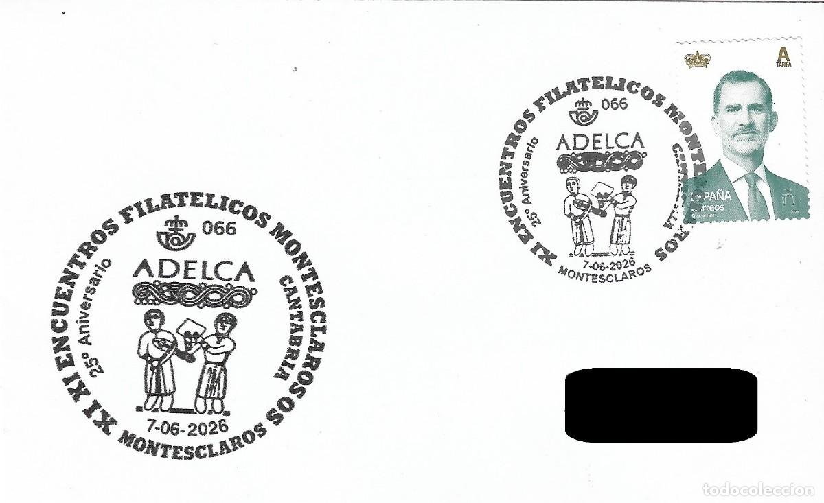 Sellos: ESPA&Ntilde;A. MATASELLOS ESPECIAL. 25 ANIVERSARIO ADELCO. MONTESCLAROS (CANTABRIA). 2026