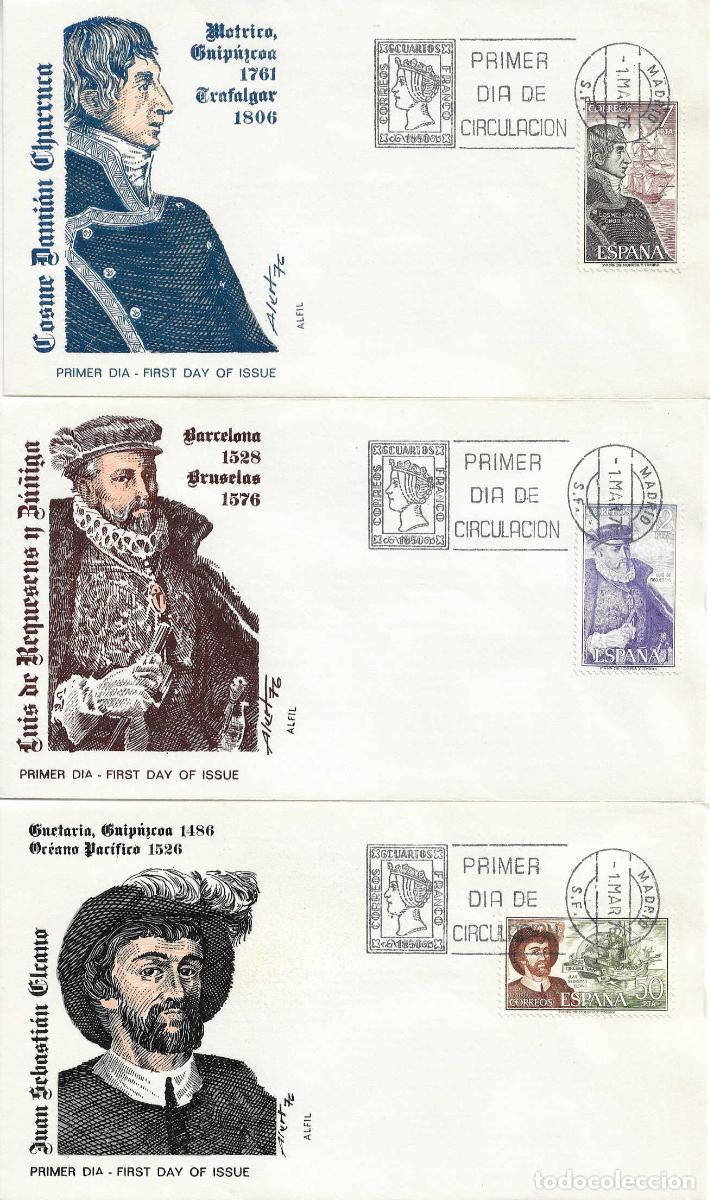 Sellos: PERSONAJES ESPA&Ntilde;OLES 1976 (EDIFIL 2308/10) EN TRES SOBRES PRIMER DIA ALFIL MATASELLOS MADRID RARO