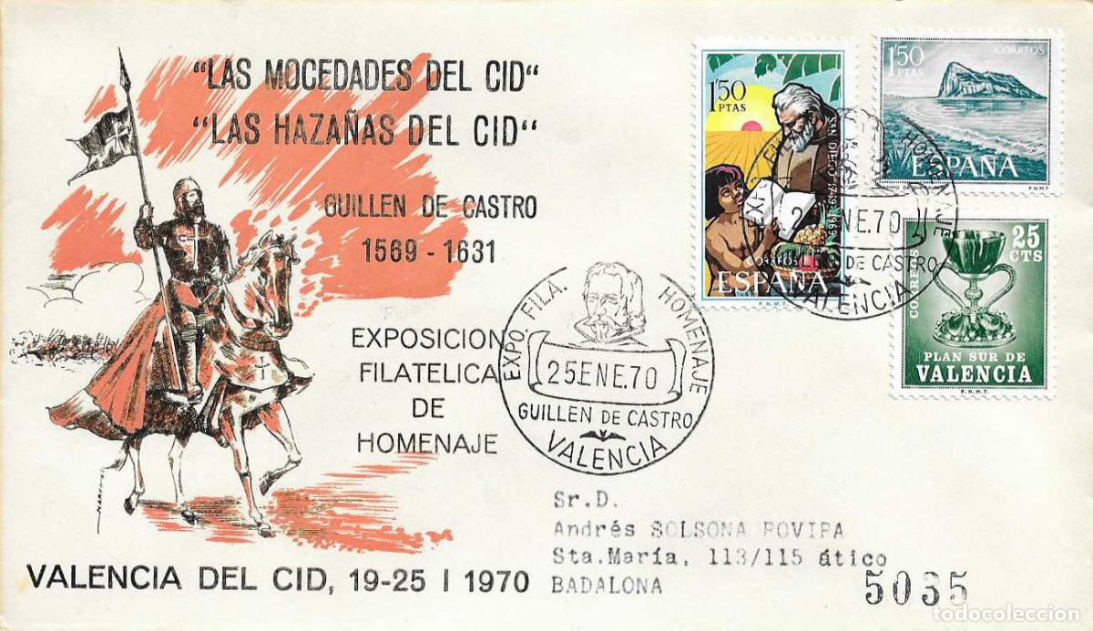 Sellos: EL CID GUILLEN DE CASTRO EXPOSICION HOMENAJE VALENCIA 25 ENERO 1970 MATASELLOS SOBRE CIRCULADO ALFIL