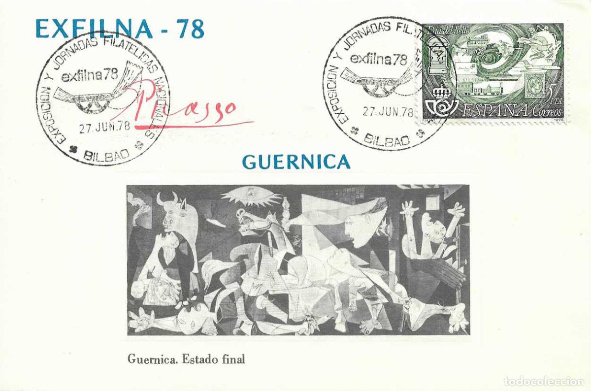 Sellos: PINTURA GUERNICA PICASSO ESTADO FINAL EN HOJITA MATASELLOS EXFILNA 78 BILBAO EXPOSICION Y JORNADAS