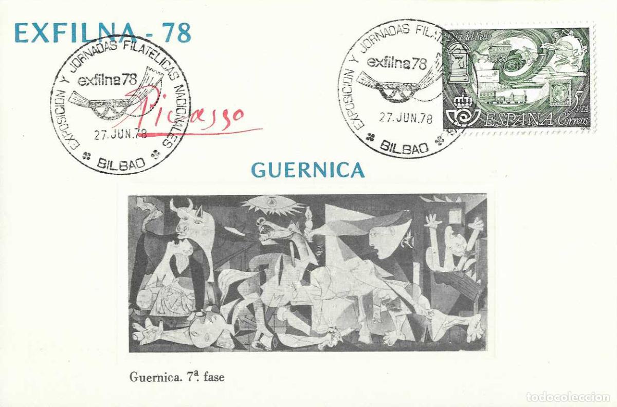 Sellos: PINTURA GUERNICA PICASSO 7&ordf; FASE EN HOJITA MATASELLOS EXFILNA 78 BILBAO EXPOSICION Y JORNADAS RARO
