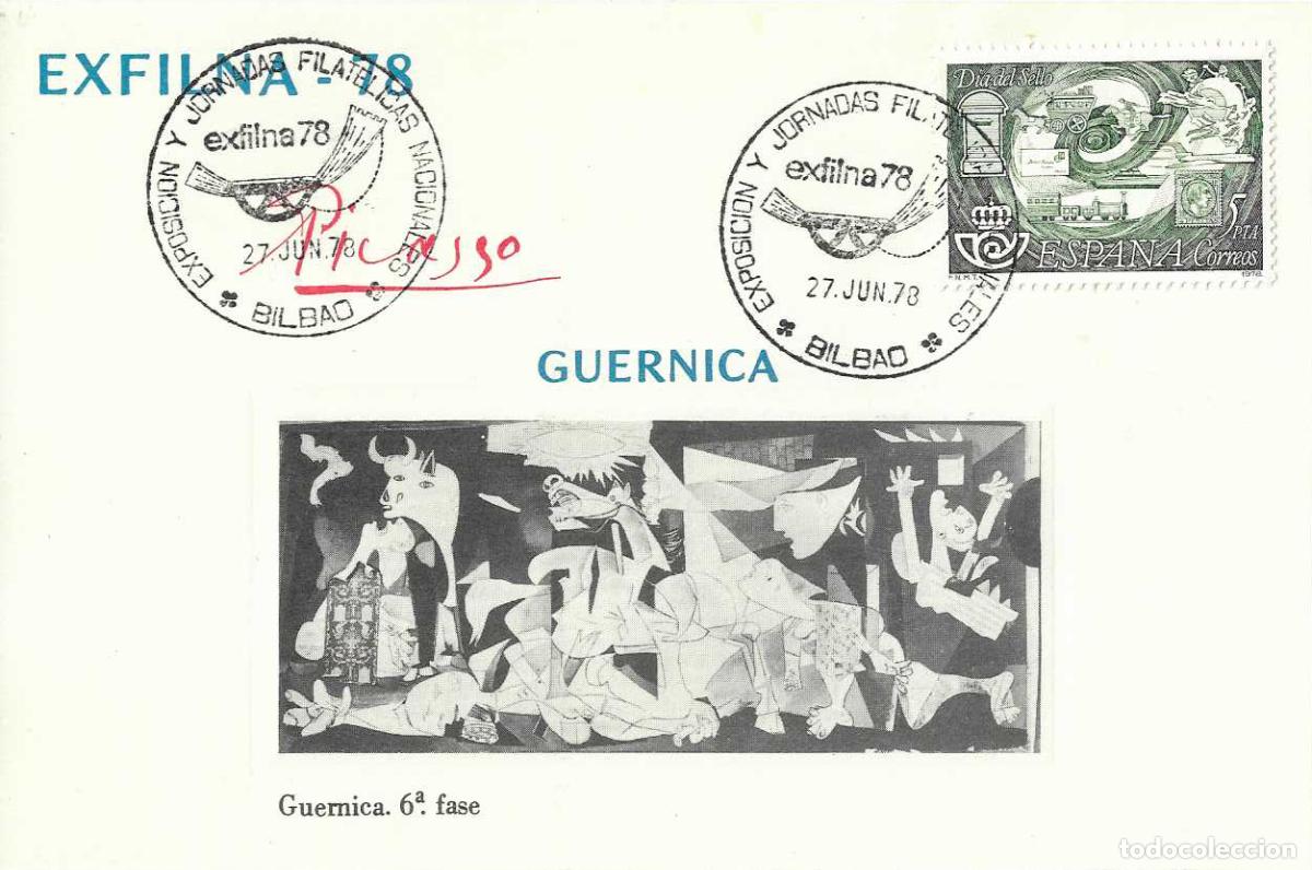Sellos: PINTURA GUERNICA PICASSO 6&ordf; FASE EN HOJITA MATASELLOS EXFILNA 78 BILBAO EXPOSICION Y JORNADAS RARO