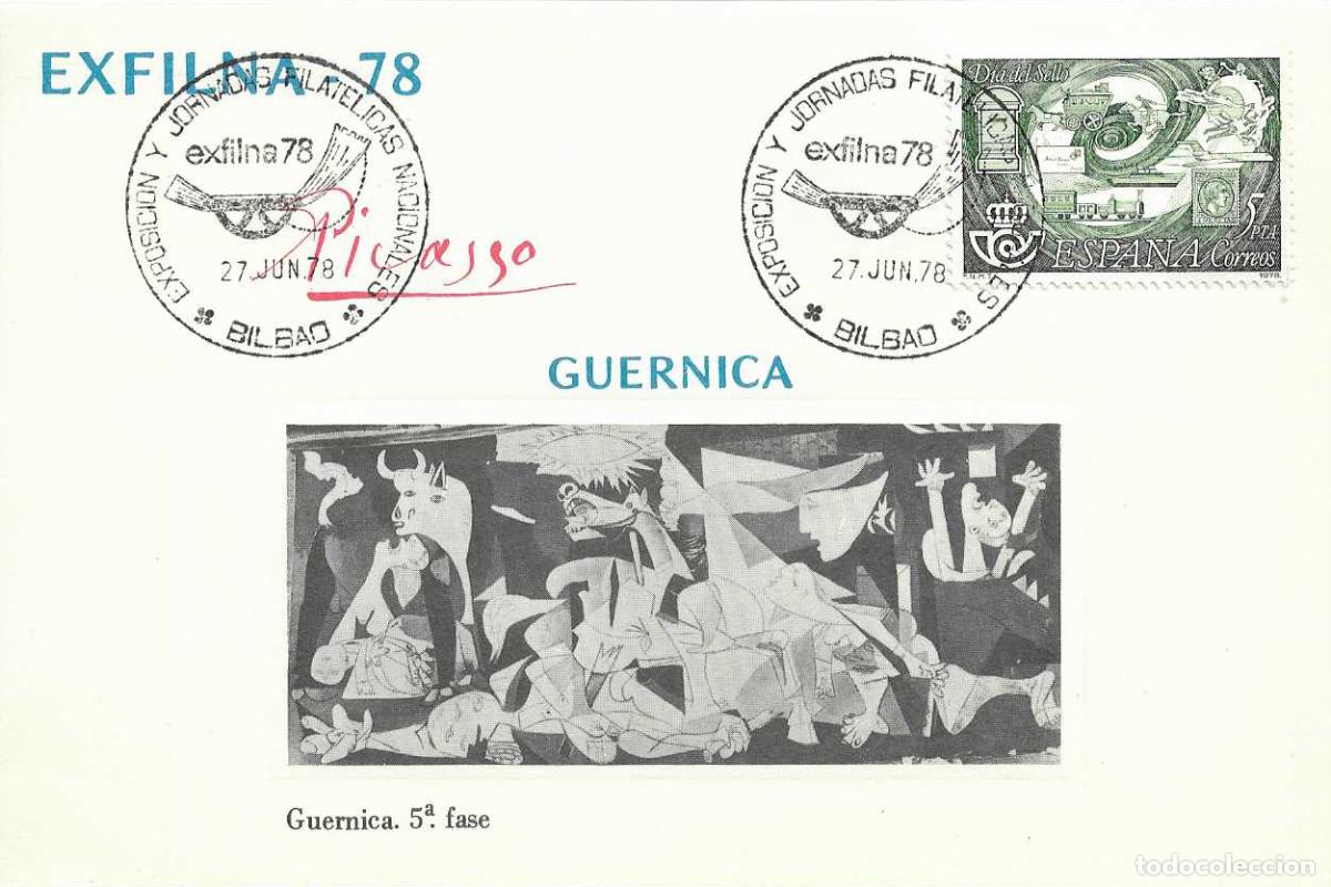 Sellos: PINTURA GUERNICA PICASSO 5&ordf; FASE EN HOJITA MATASELLOS EXFILNA 78 BILBAO EXPOSICION Y JORNADAS RARO