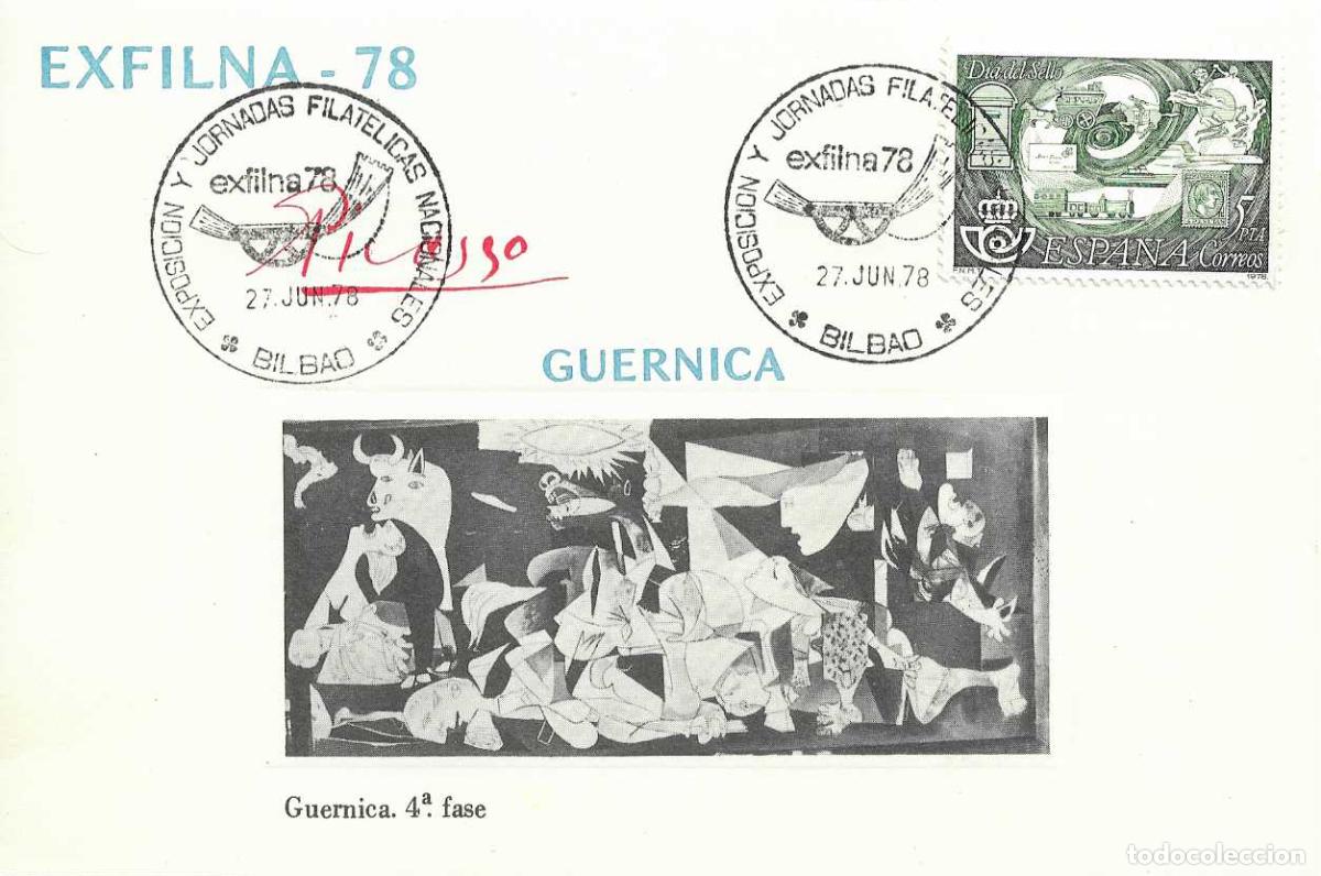 Sellos: PINTURA GUERNICA PICASSO 4&ordf; FASE EN HOJITA MATASELLOS EXFILNA 78 BILBAO EXPOSICION Y JORNADAS RARO