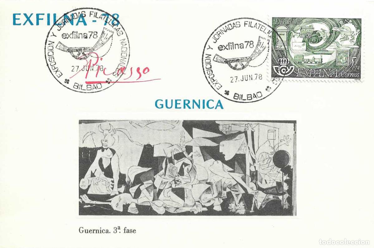 Sellos: PINTURA GUERNICA PICASSO 3&ordf; FASE EN HOJITA MATASELLOS EXFILNA 78 BILBAO EXPOSICION Y JORNADAS RARO