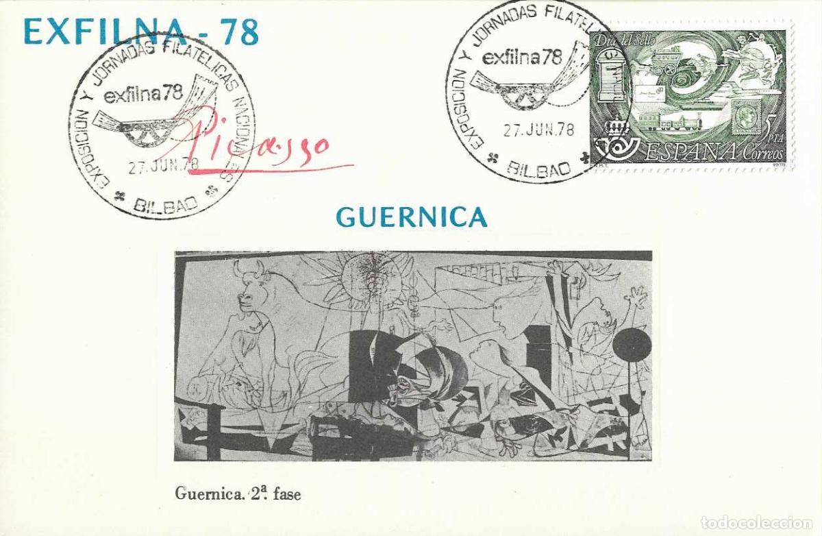 Sellos: PINTURA GUERNICA PICASSO 2&ordf; FASE EN HOJITA MATASELLOS EXFILNA 78 BILBAO EXPOSICION Y JORNADAS RARO